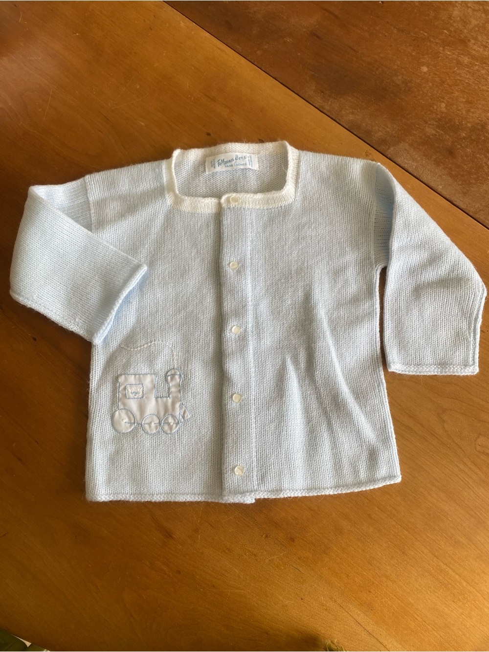 Vintage Light Blue Knit Baby Boy Cardigan Train Feltman Bros Buttons 18 month